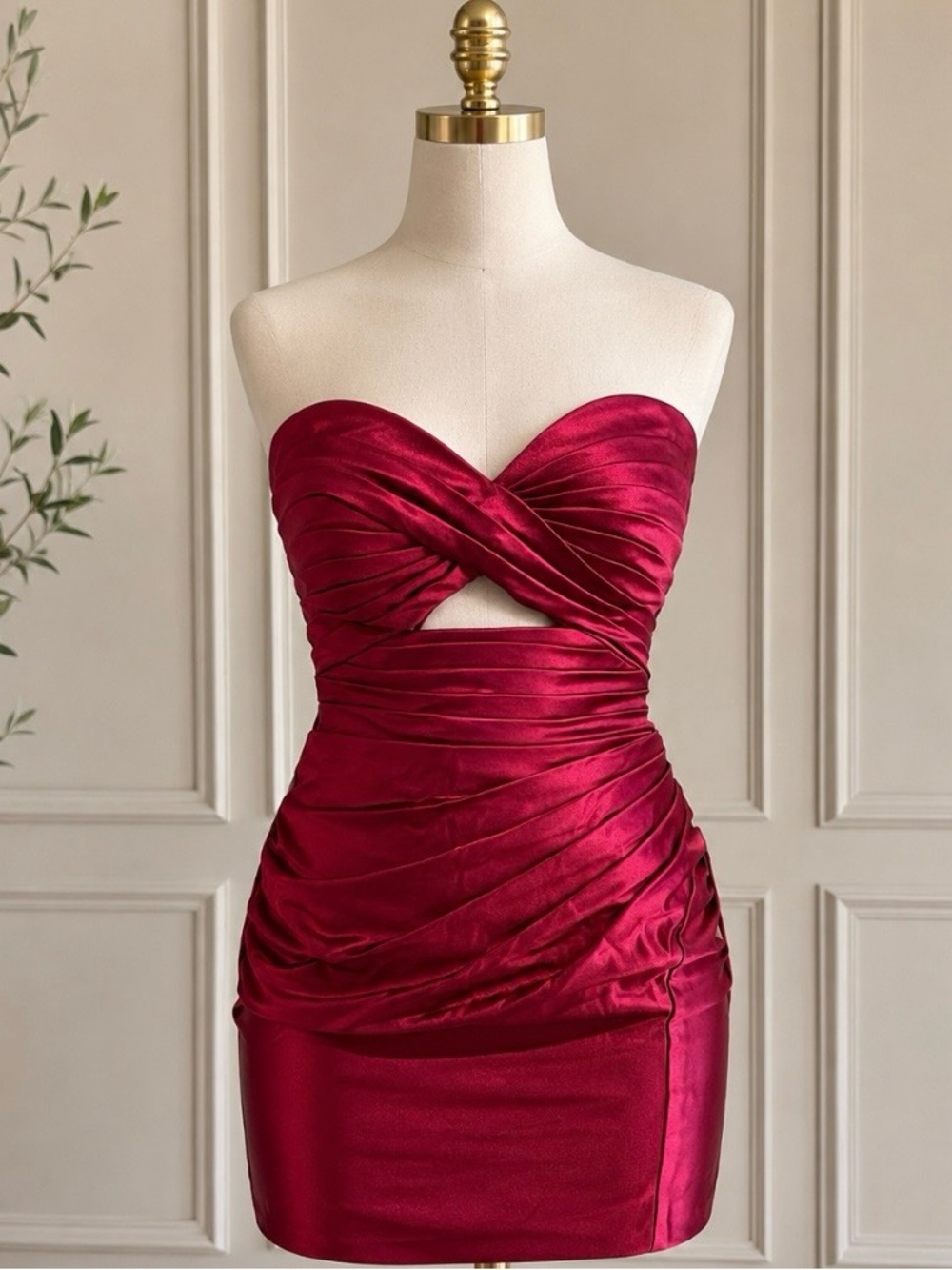 Strapless Ruched Burgundy Satin Mini Dress-HOCO NWT- never worn